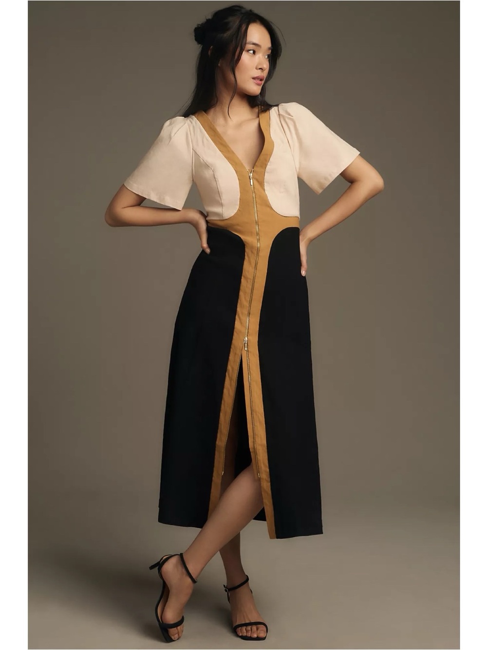 Anthropologie Short-Sleeve V-Neck Tipped Midi Dress NWT